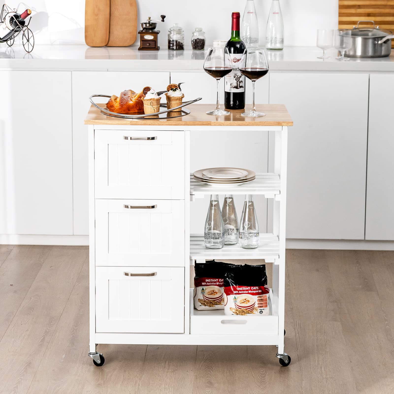 COSTWAY Carrello da Cucina con Ruote, Credenza Cucina con 4 Ripiani e 3 Cassetti, in Legno, Ideale per Cucina Ristorante e Bar, 67 x 37 x 83,5 cm (Bianco)