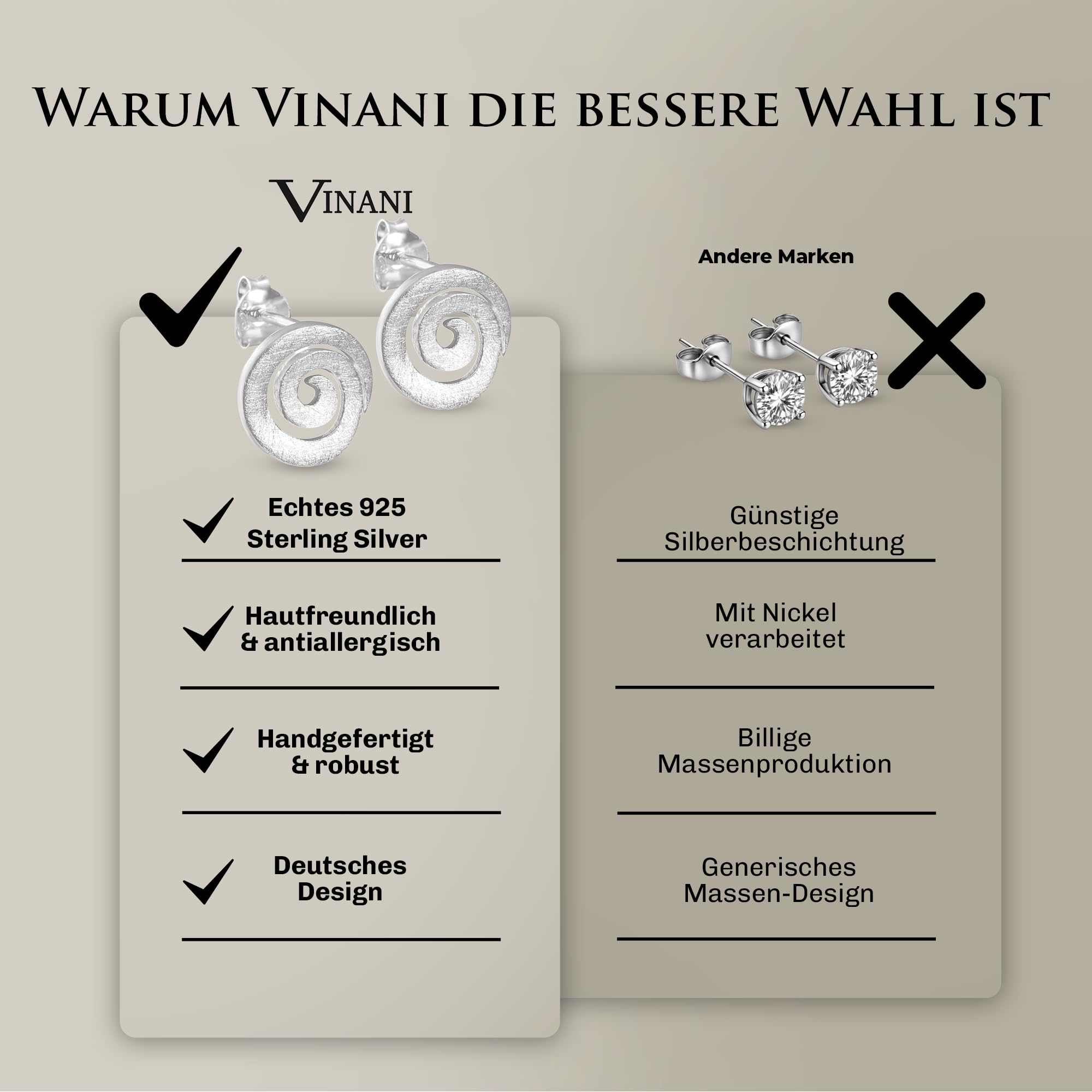 Vinani Damen Ohrringe 925 Silber - Ohrstecker Set für Frauen aus 925 Sterling Silber Spirale gebürstet gebogen OSQ