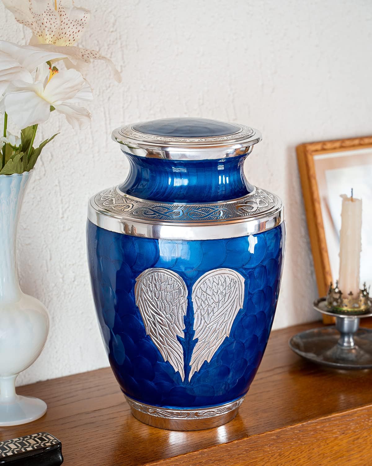 Large Blue Urn Angel Wings - with 4 Small Keepsakes