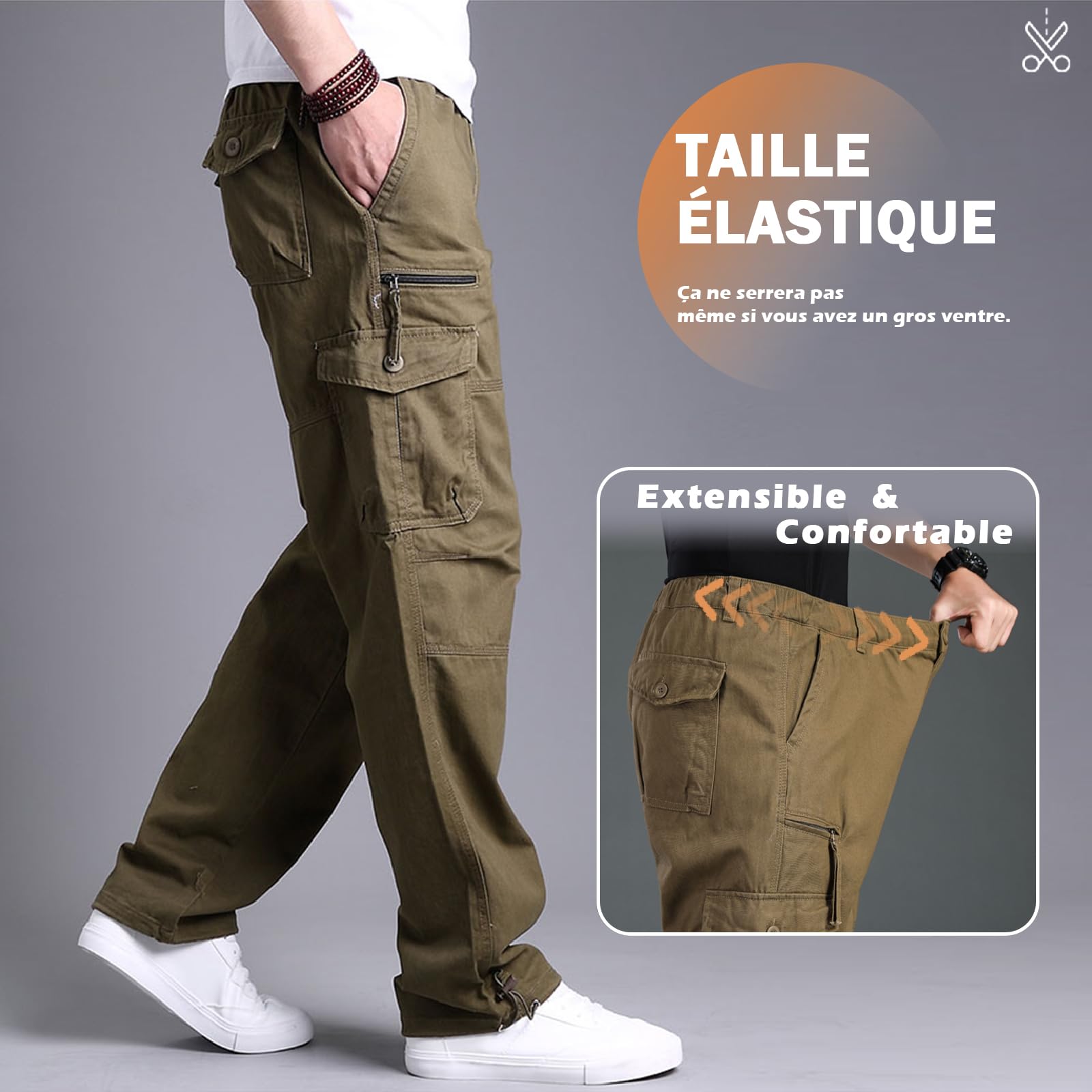 Pantalones cargo de algodón para hombre, pantalones cargo con 7 bolsillos, cintura elástica, pantalones casuales