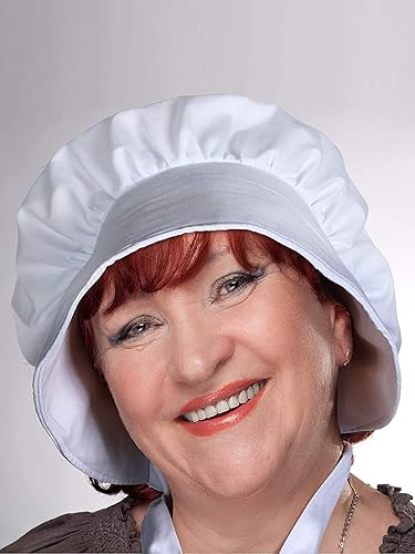 Vista 4 de Delantal de media cintura para mujer con dos bolsillos, sombrero de capó blanco, sombrero de peregrino, sombrero colonial, disfraz de cuento