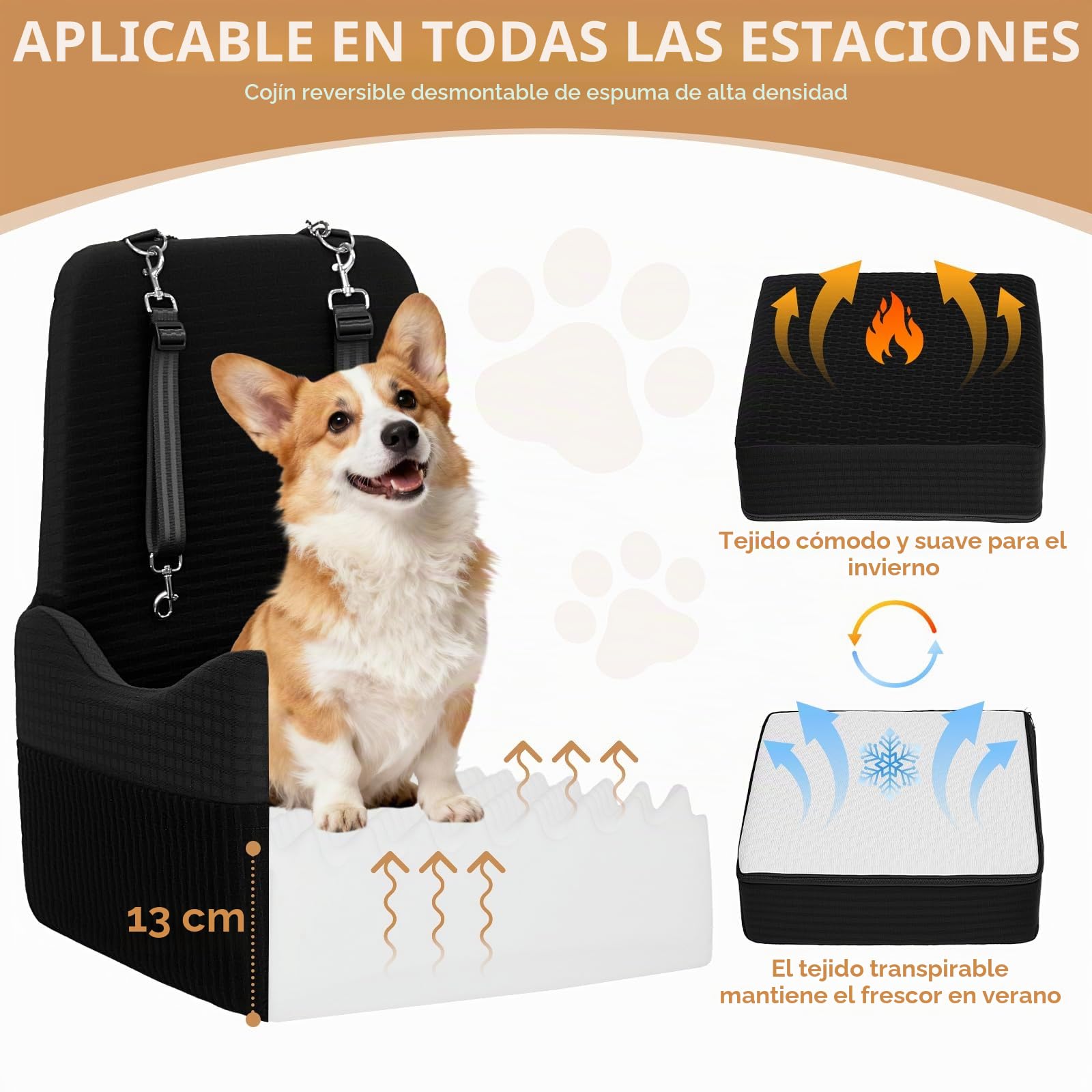 PETSFIT Asiento Elevado para Perros Pequeños/Medianos hasta 15 kg – Sistema de Seguridad Patentado, Cojín Viscoelástico de 13 cm, Desmontable y Lavable con 2 Bolsillos(Negro)
