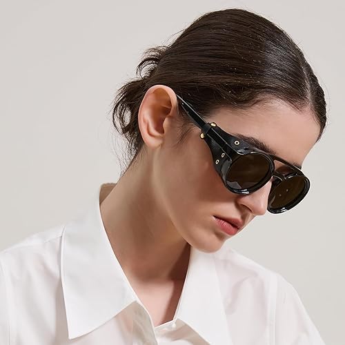 Miniatura 5 de Gafas de sol polarizadas estilo steampunk estilo aviador retro con escudo lateral de cuero, gafas vintage góticas para hombres y mujeres