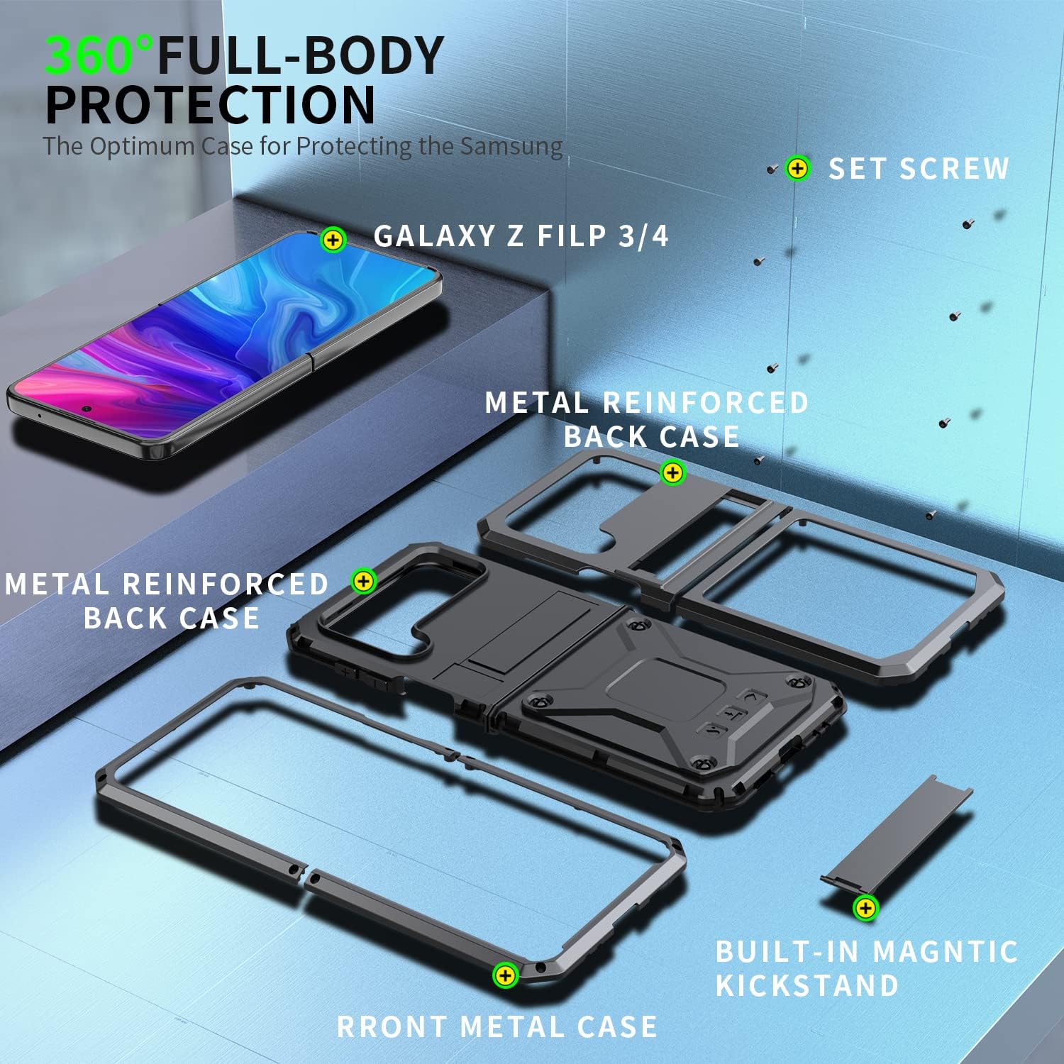 Simicoo Samsung Z Flip 4 Metal Case with Soft Screen Protector Camera Protector Glass Military Rugged Heavy Duty Shockproof Case with Stand Full Cover Tough case for Samsung Z Flip 4 (Black)