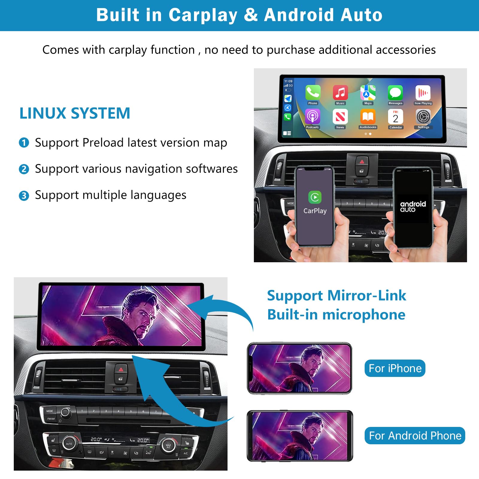 Radio samochodowe 12,3'', CarPlay/Android Auto/Mirrorlink dla BMW EVO 1/2 Series F20/F21 (2017-2019) F23 Convertible (2017-2019) Radio samochodowe z ekranem dotykowym, nawigacja do samochodu