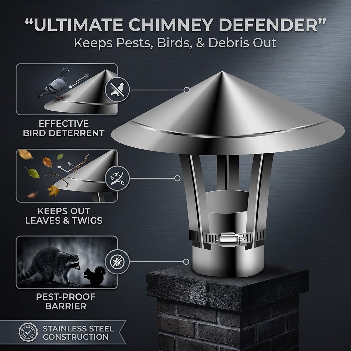 Sombrerete Chimenea Acero Inoxidable Tapa Protectora para Tubo de Estufa Caperuza Antilluvia Sombrero de Ventilación Techo Salida Humos Deflector Viento Tiro Óptimo Fácil Montaje(300mm)