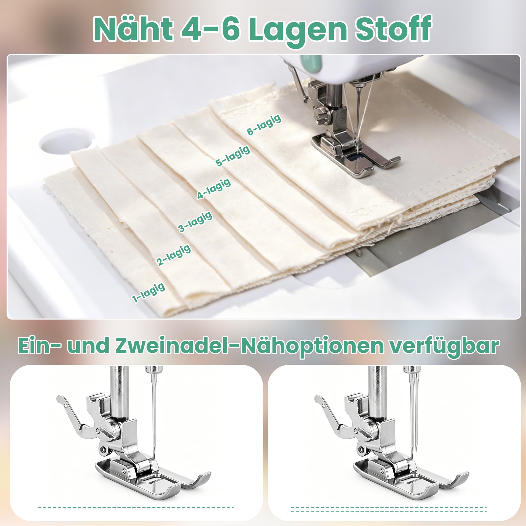 Nähmaschine Kompakt Multifunktion 12 Stichprogramme 2 Geschwindigkeiten Doppelstich mit Fußpedal und Knopfsteuerung Anfänger und Profis LED Beleuchtung Tragbar für DIY Kleidung (Grün)