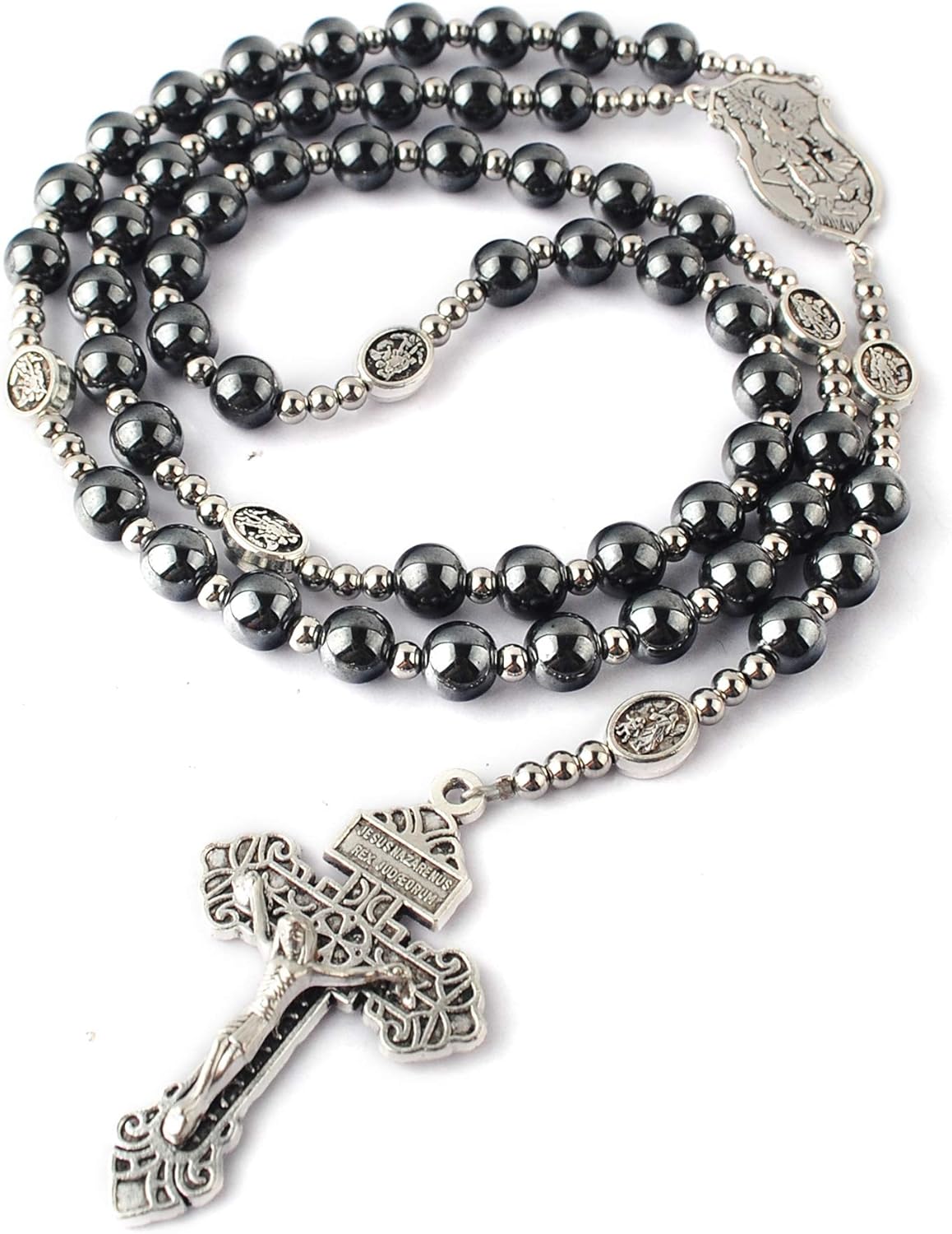 HanlinCC Hematite Rosary Necklace for Men and Women, Black Stone and Stainless Steel Beads, 48cm Length - Image 5