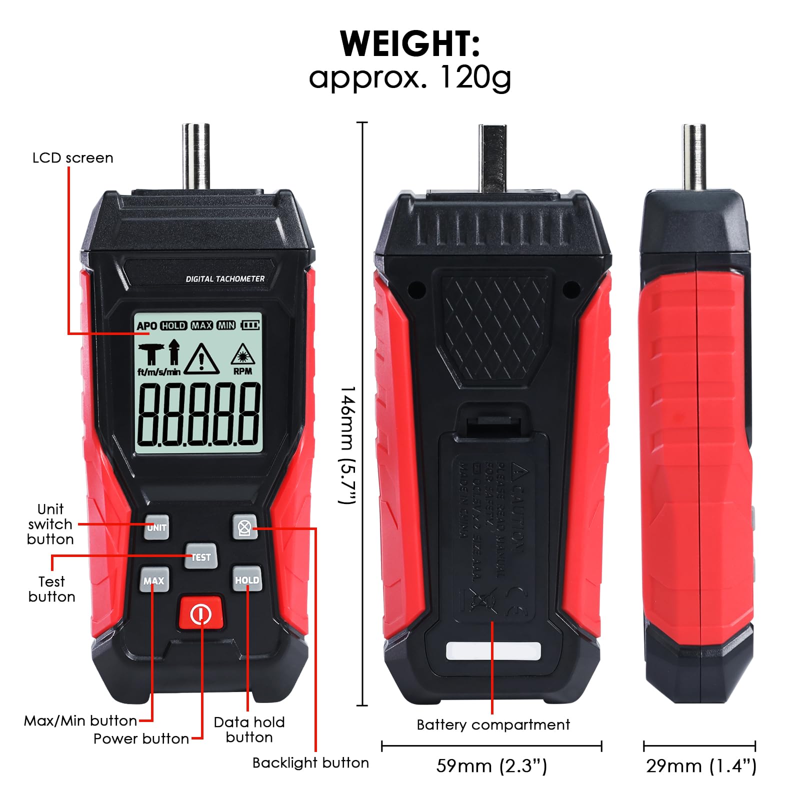 Tachimetro Digitale 2-in-1 con Sensore Laser a Non Contatto (3~99999 RPM) e Modalità a Contatto (3~19999 RPM) - Misuratore di Giri Professionale con Funzioni MAX/MIN/HOLD, Portatile per Motori Auto