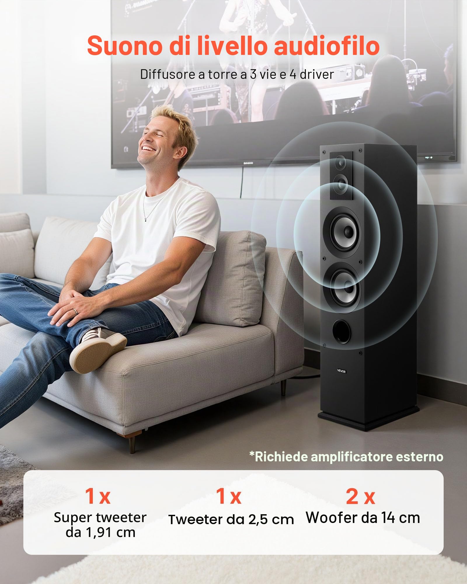 VEVOR Altoparlante da Pavimento, Altoparlante a Torre a 3 Vie con Doppi Woofer da ca. 133,3 mm, Picco da 145 W, Involucro in MDF, Risposta in Frequenza da 70 Hz a 20 kHz, per Audio Domestico, 2 Pezzi