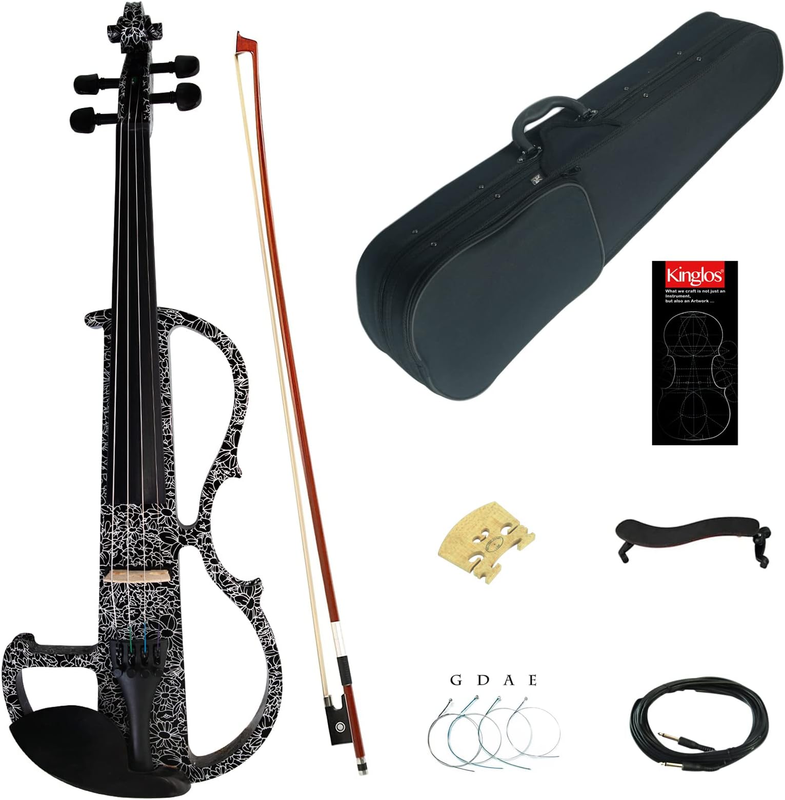 Kinglos 4/4 Black Flowers Colored Solid Wood Advanced Electric/Silent Violin Kit with Ebony Fittings Full Size (DSG1306)