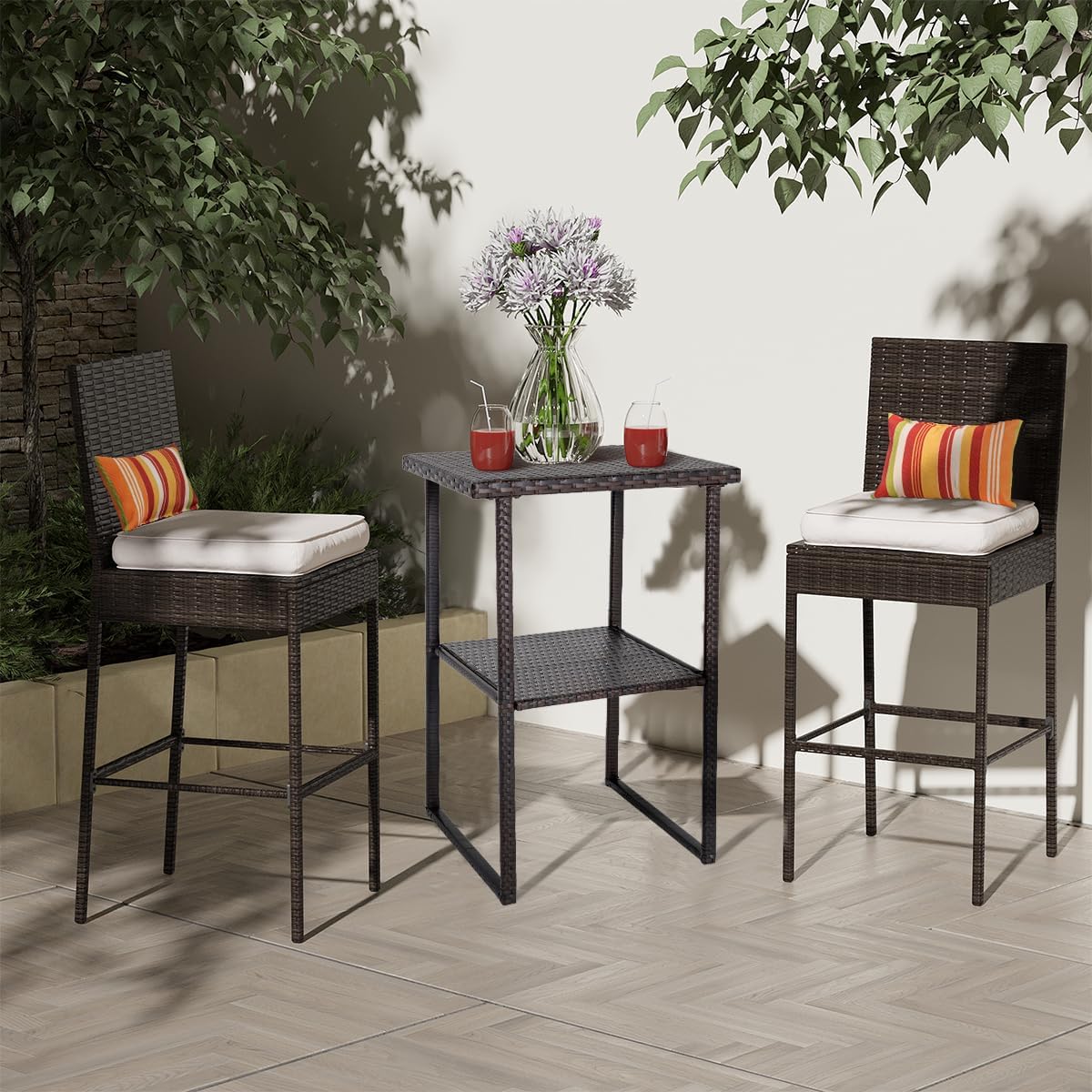Sundale Outdoor 3 PCS Outdoor Bar Set, Wicker Bar Table and Bar Stools with Storage Shelf and Cushions, Rattan Bistro Pub Set for Deck Poolside Balcony Garden (Brown&Beige)