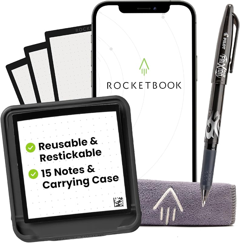 Rocketbook Reusable Smart Sticky Notes, Restickable Memo Pad, 3"x3" | 15 Black Sticky Notes, Includes Pen, Towel, Carrying Case (Kit of 1)