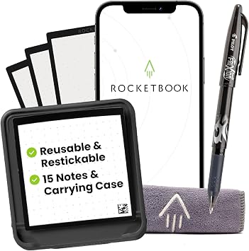 Rocketbook Reusable Smart Sticky Notes, Restickable Memo Pad, 3"x3" | 15 Black Sticky Notes, Includes Pen, Towel, Carrying Case Kit of 1
