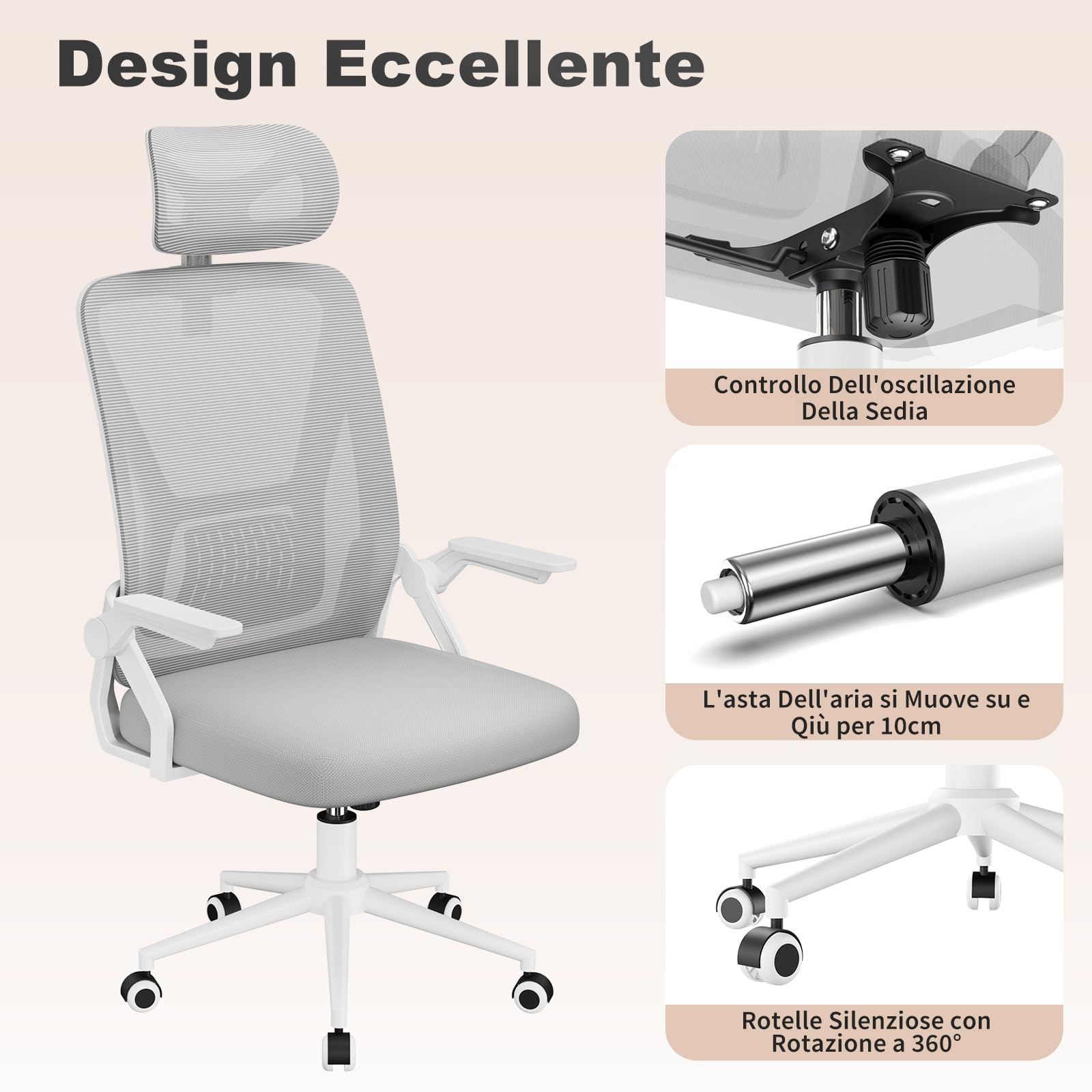 naspaluro Sedia da Ufficio,Con Braccioli Ribaltabili a 90°,Rivestimento in Rete Traspirante, Sedia Girevole a 360° Con Funzione Swing (Con poggiatesta, Gray)