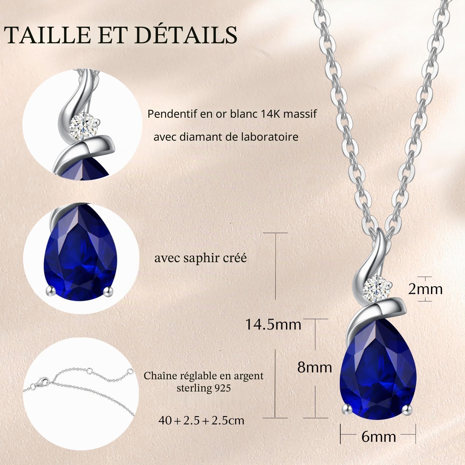 FANCIME Collier Femme en Or Blanc 14 carats 585/1000 Pendentif et Argent 925/1000 Chaîne avec Saphir Bleu de Synthèse et Diamant Naturelle Cadeau Bijoux pour Femme maman- Chaîne Ajustable: 40 + 5 cm