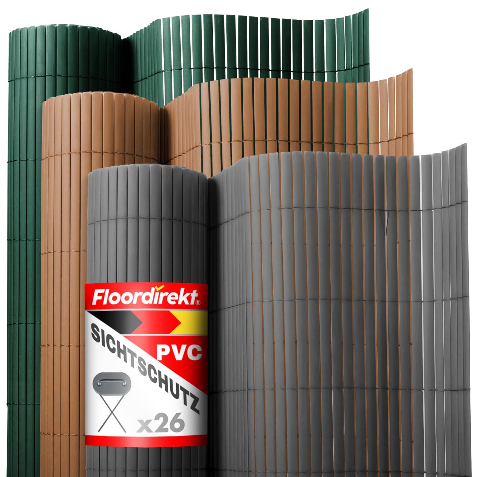 Floordirekt PVC Sichtschutzmatte 150 x 300 cm, Grau – Sichtschutzzaun für Garten, Balkon & Terrasse, Windschutz, Lamellen