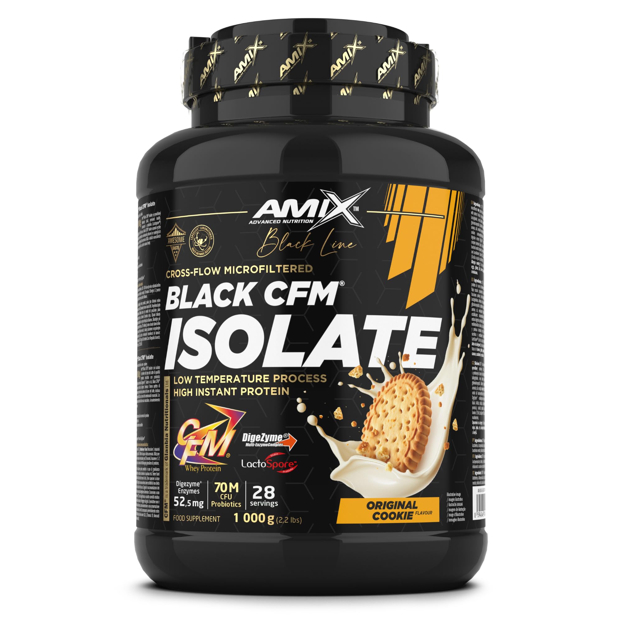 Amix | Proteína BLACK CFM ISOLATE - Ayuda a Mantener la Masa Muscular - Con Enzimas Digestivas - Fácil Digestión - Rápida Absorción - Proteína en Polvo - 1 Kg - Sabor Cookie
