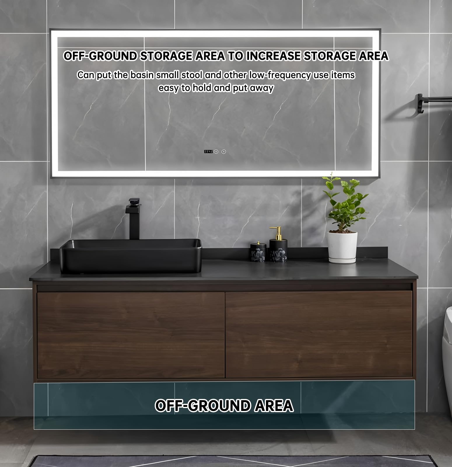 Juego de baño montado en la pared de 52 pulgadas con espejo LED inteligente antivaho impermeable, gabinete de madera maciza, lavabo negro y encimera para baños modernos