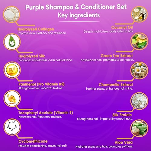 Miniatura 5 de Juego de champú y acondicionador morado, sin sulfatos, enriquecido con aceite de coco y aloe vera, ideal para cabello rubio, gris, cobrizo y tratado