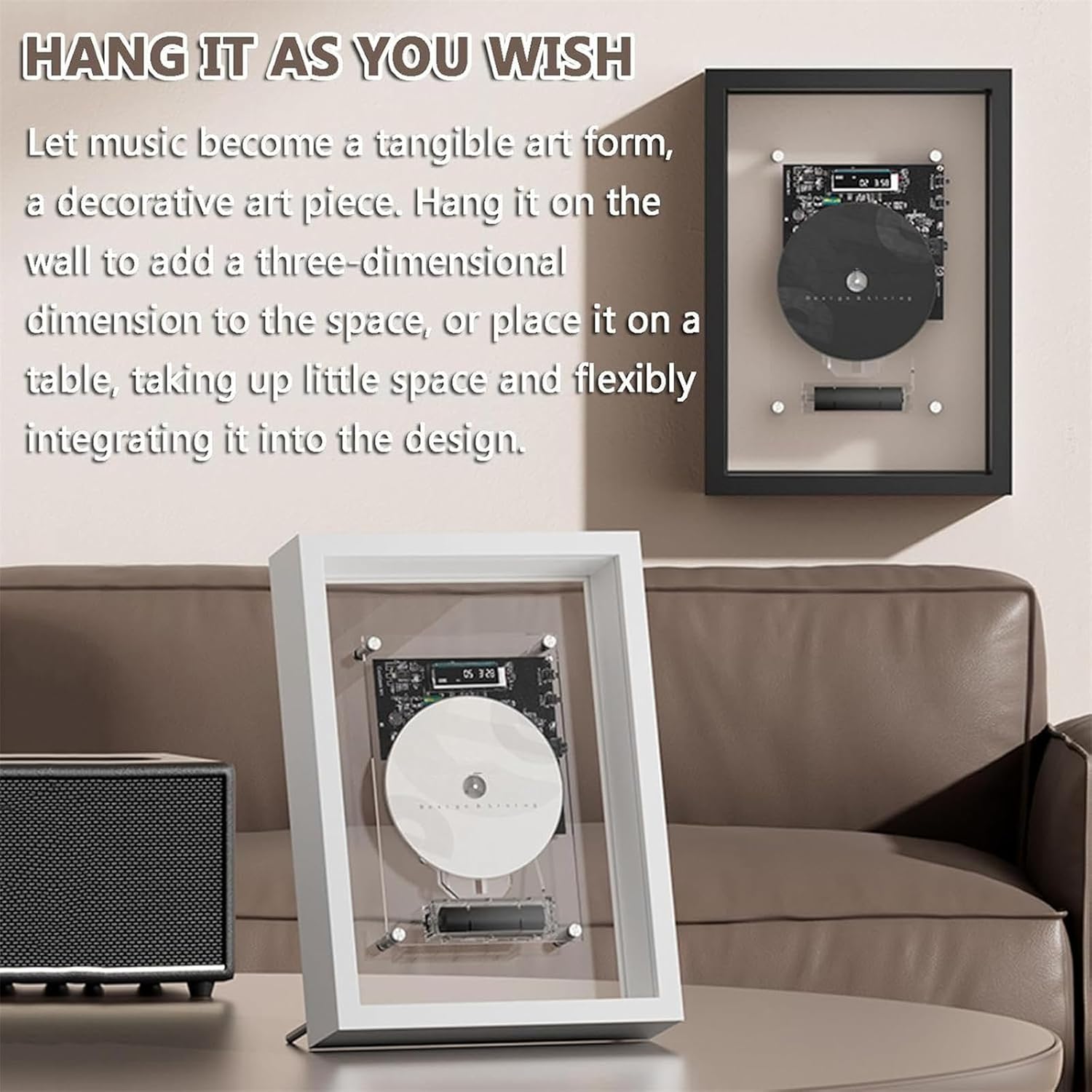 Music Frame CD Player, Wall Mountable CD Decorative Photo Frame with Remote Control, 5.0 Bluetooth/3.5mm AUX Output, Without Speakers, for Home Office Gallery,Black