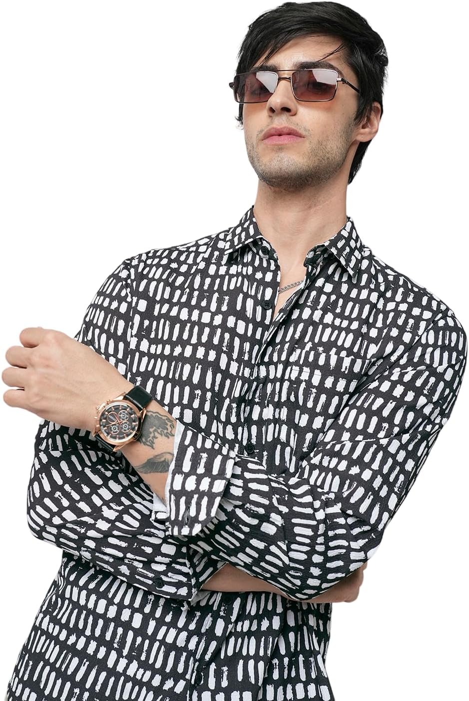 Mens Black & White Printed Crushed Shirt | Comfortable Full Sleeve Shirt with Collar Neckline | Ideal for Casual Occasions