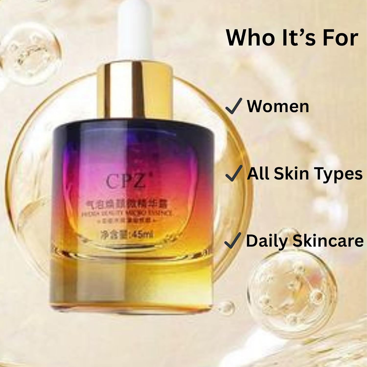 CPZ Face Serum & Essence for glowing skin. Hydrating, lightweight, fast-absorbing formula with antioxidants. Revives dull skin, boosts radiance, and supports daily skincare for all skin types. Daily - Image 6