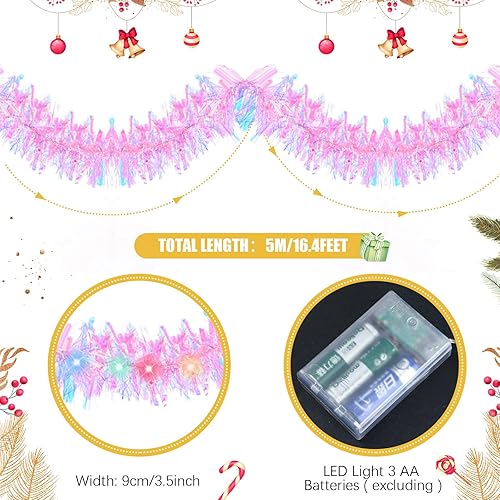 Miniatura 2 de Kingdder Guirnalda de oropel preiluminada de Navidad de 16.4 pies con luces, funciona con pilas, guirnalda colgante de 50 luces LED con guirnalda de