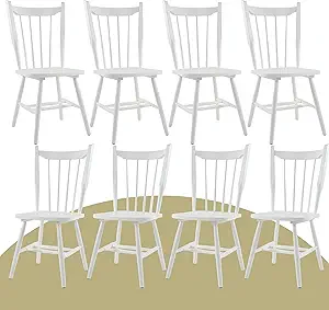 White Wooden Dining Chairs Set of 8, Windsor Dining Chairs with Spindle High Back & Solid Wood Legs, Farmhouse Vintage Kitchen Chair for Dining Room/Restaurant, Armless