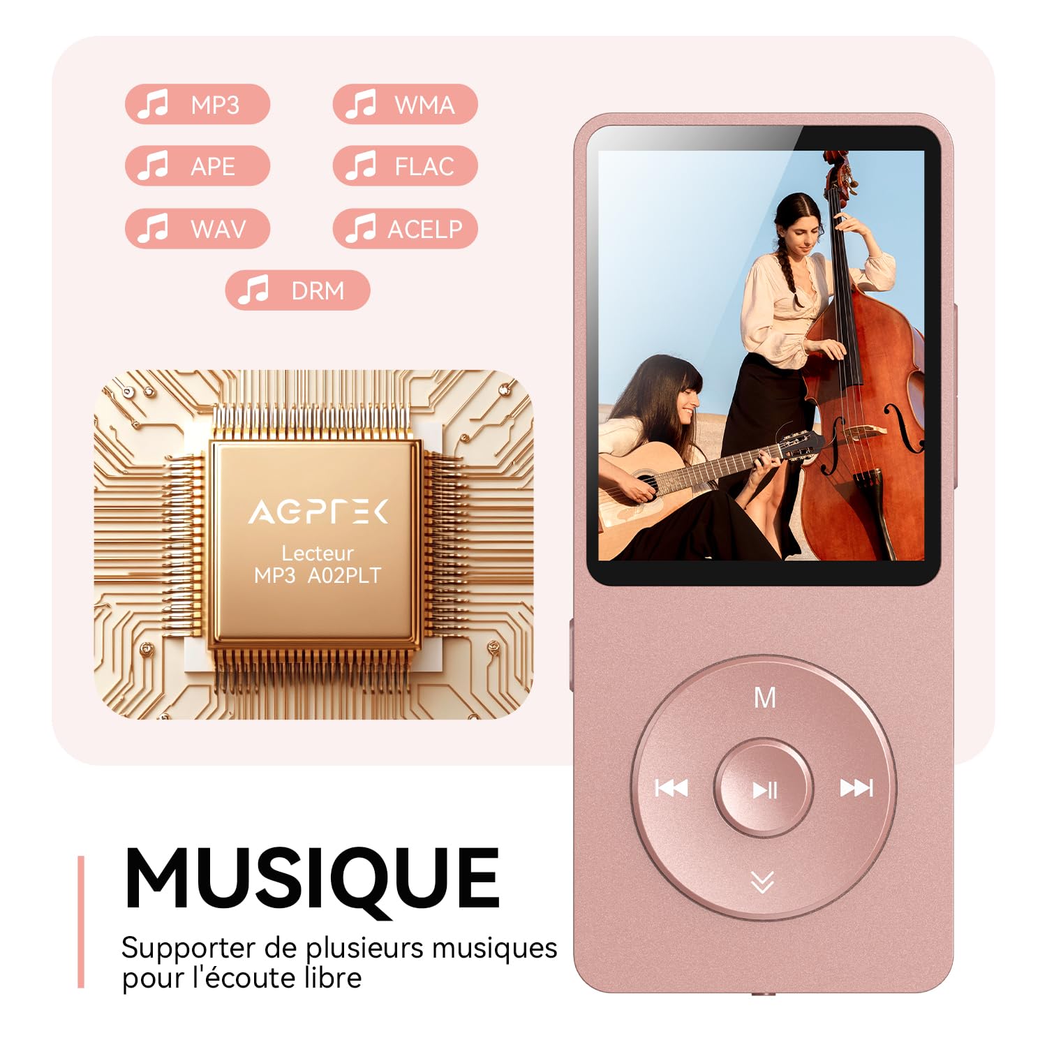 AGPTEK Lecteur MP3 Bluetooth 5.3 64Go Baladeur Portable HiFi 70H Autonomie Radio FM Or Rose
