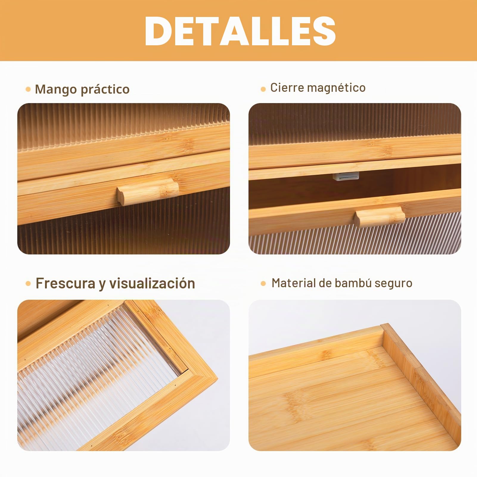 HollyHOME Panera de bambú de 2 capas con ventana de rayas acrílicas, caja de almacenamiento de pan de doble piso de gran capacidad para cocina, rectangular de 2 capas