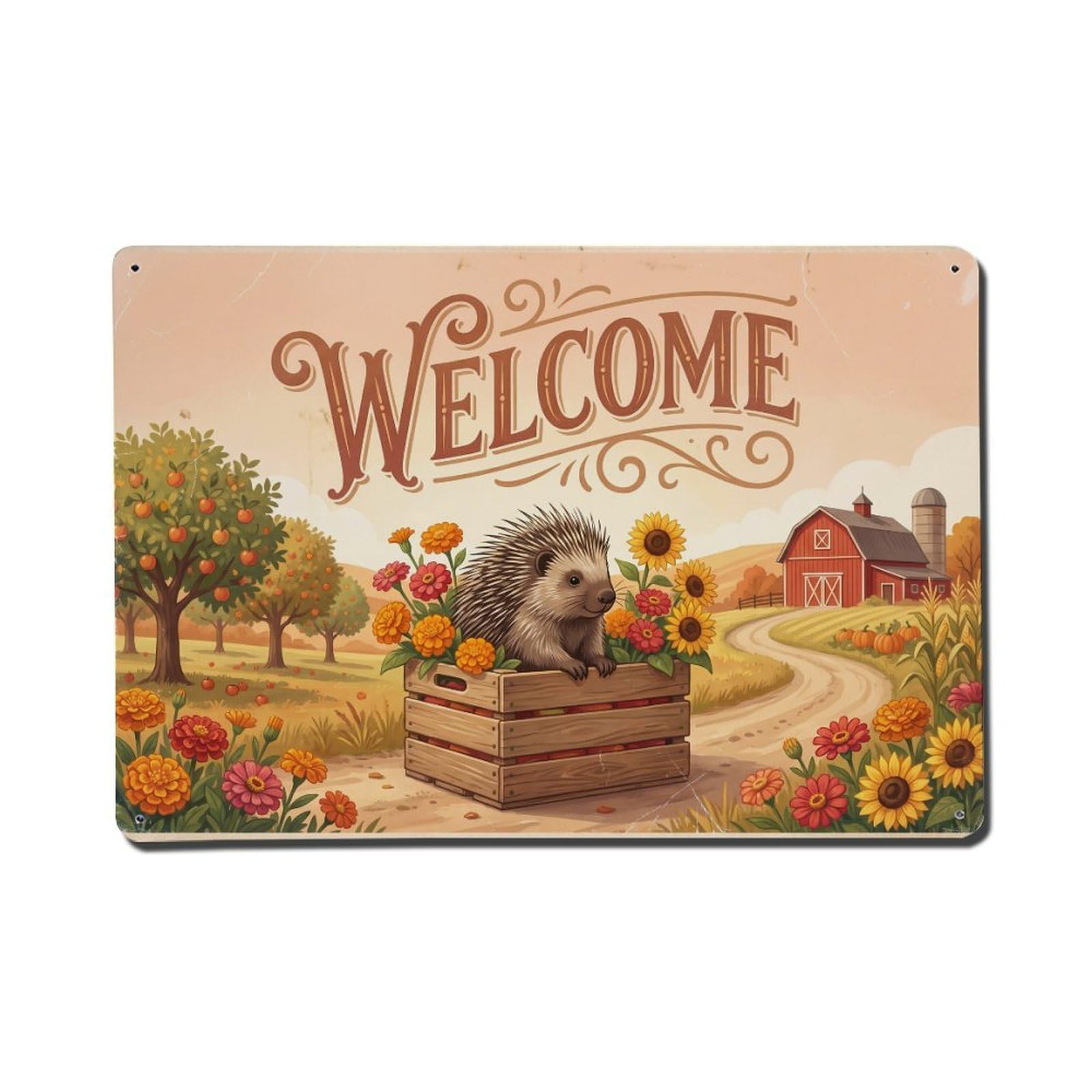 Vintage Welcome Porcupine Harvest Time Metal Tin Sign