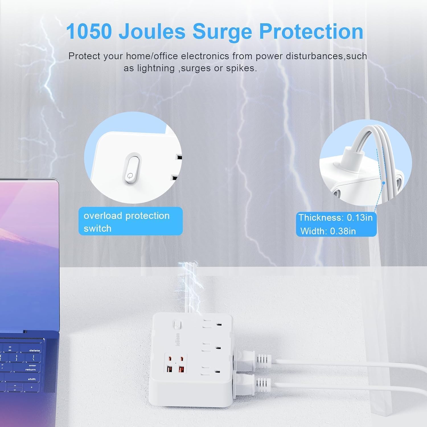 Steckdosenleiste Überspannungsschutz, 1,5 m langes Kabel, ultradünn, flach, Verlängerungskabel, 6 AC-Steckdosen, 4 USB-Ports (2 USB-C), Reise-Steckdosenleiste, Schreibtisch-Ladestation für Heimbüro