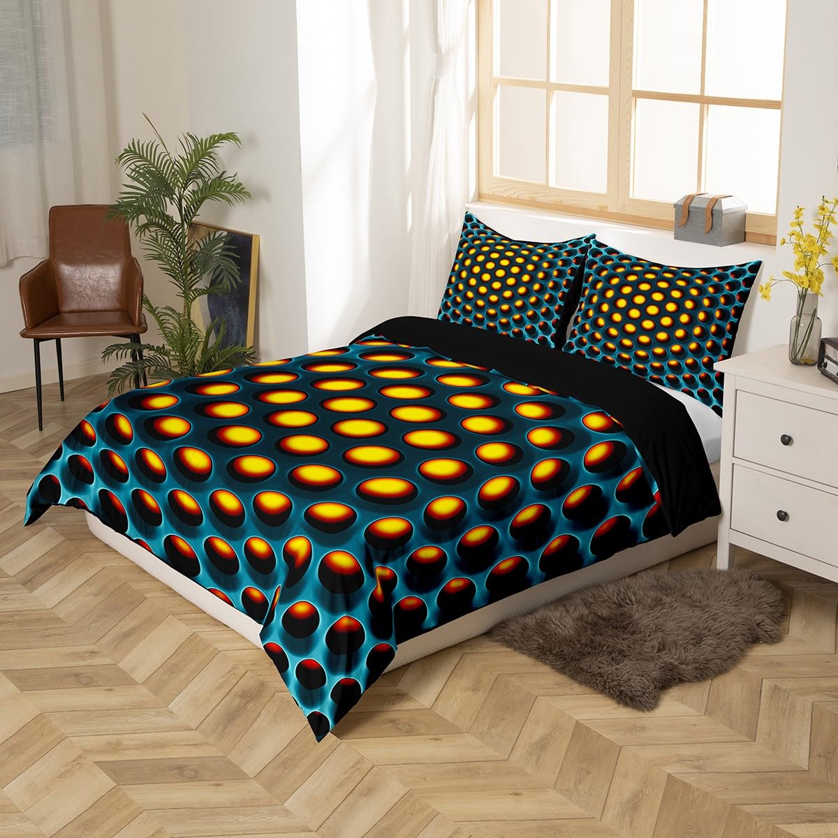 Kids Geometric Duvet Cover King Teen Boy Yellow Green Bedding Set Men Geometrical Stereoscopic Hole Pattern Comforter Cover Retro Neon Fashion Style Bed Set Reversible Black - Image 3