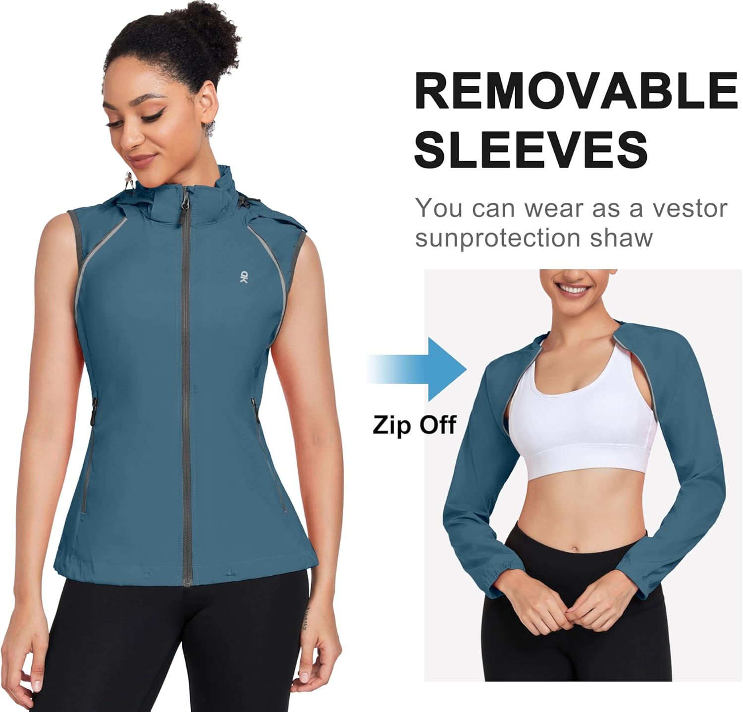 Little Donkey Andy Women's Lightweight Waterproof Cycling Jacket with Removable Sleeves & Hood for Biking Running Golf - Image 4