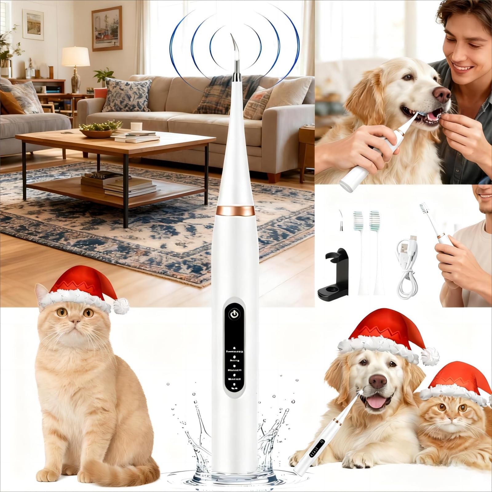ZampaDent Dispositivo Professionale Per La Pulizia Dentale Del Cane-Kit Pulizia Denti Per Cani E Gatti, 5 Modalità Di Pulizia, Ricarica USB, Rimozione Tartaro E Macchie (Bianco,B)