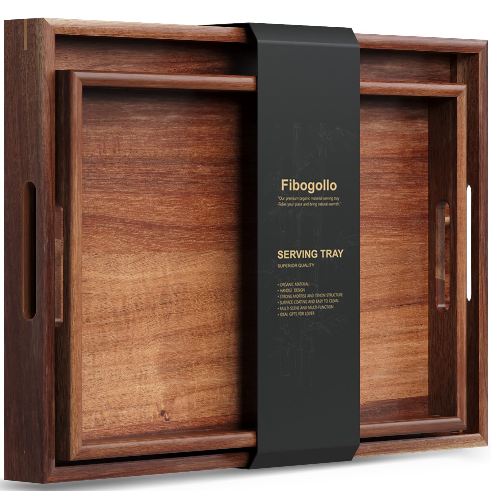 Fibogollo Set of 2 Acacia Wood Serving Tray with Handles,Decorative Trays Platter,Breakfast Tray in Bed,Food Drinks Trays for Eating,Storing, Working