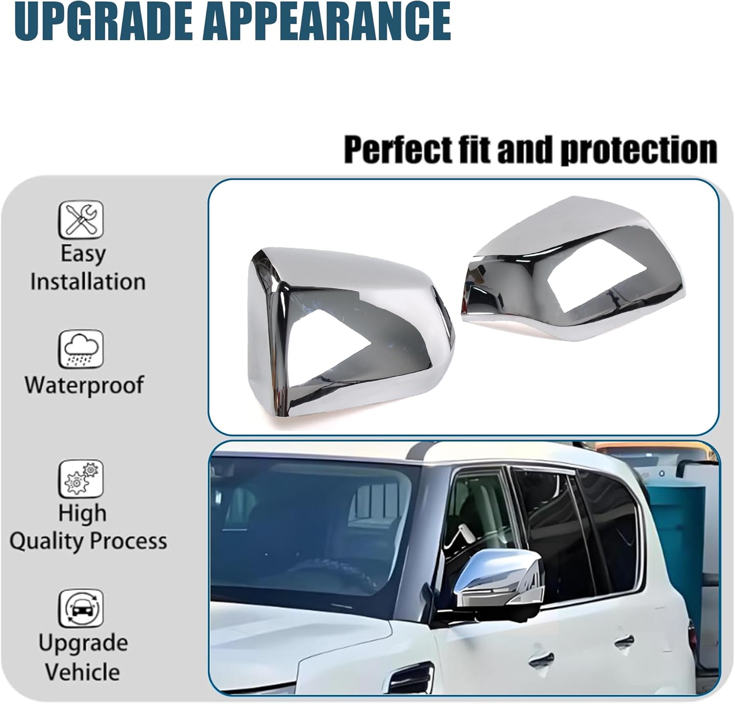 AUCERAMIC 2pcs Chrome Side Door Mirror Cover Cap Fit for 2021-2025 Chevy Tahoe Suburban, GMC Yukon/Yukon XL, Cadillac Escalade, Exterior Side Door Mirror Accessories (Chrome), Stick-on Overlay