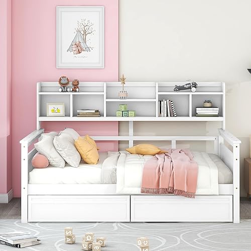 Miniatura 17 de Merax Sofá cama multifuncional de madera con cajones Sofá cama de almacenamiento con cabecero/ahorro de espacio/no necesita somier blanco