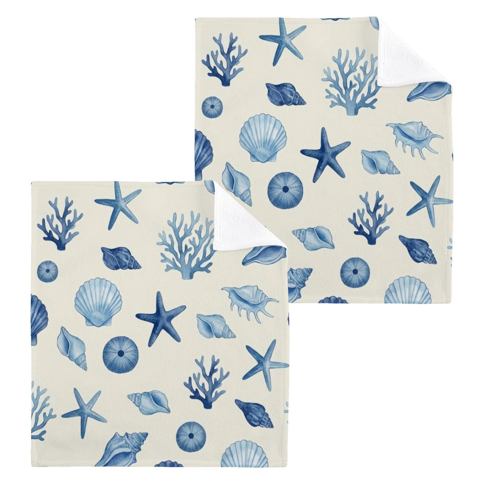 BOESI Monochrome Blue Coral 12x12in Cotton Washcloth,Face Towel