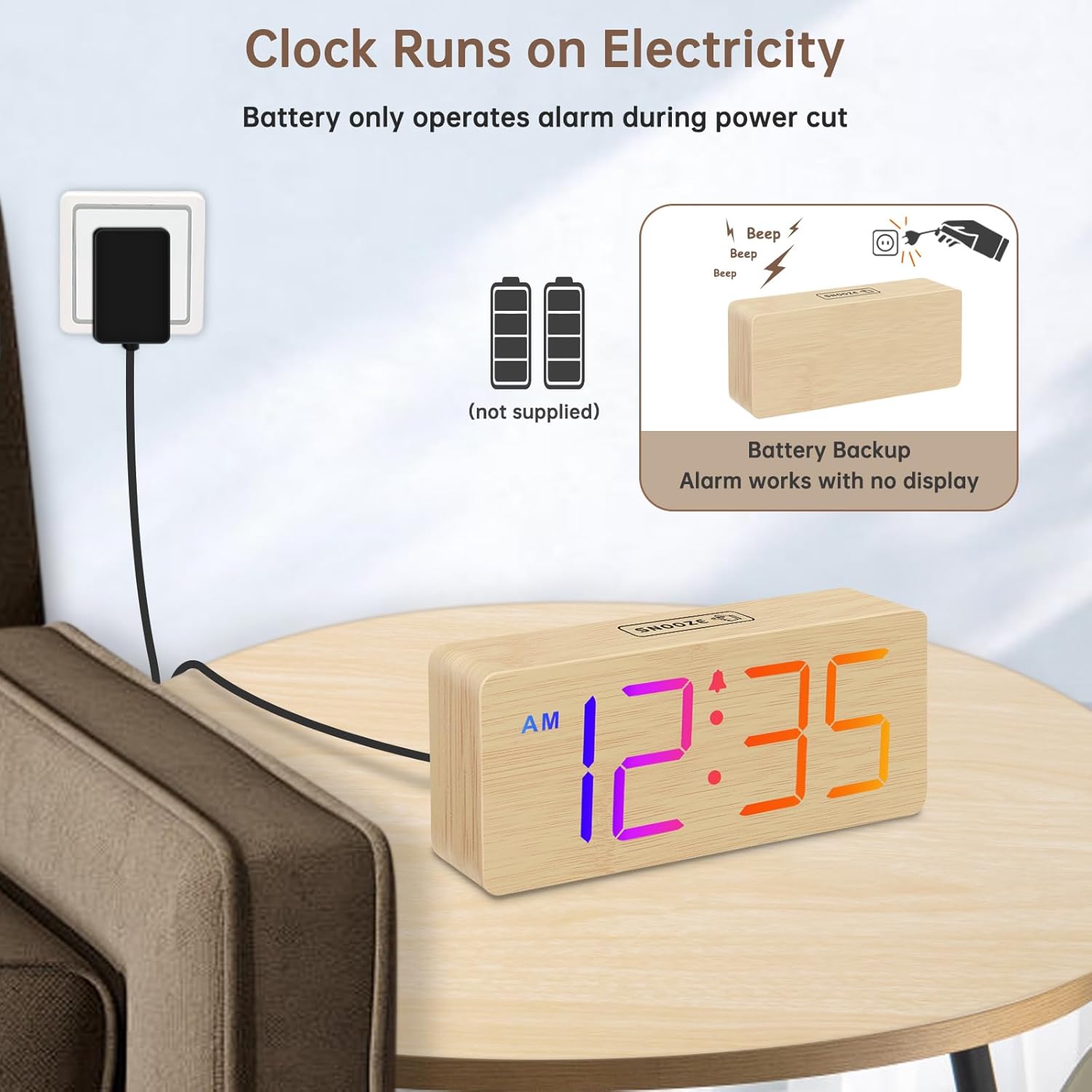 DreamSky Wooden Digital Alarm Clock displaying 8 different color modes