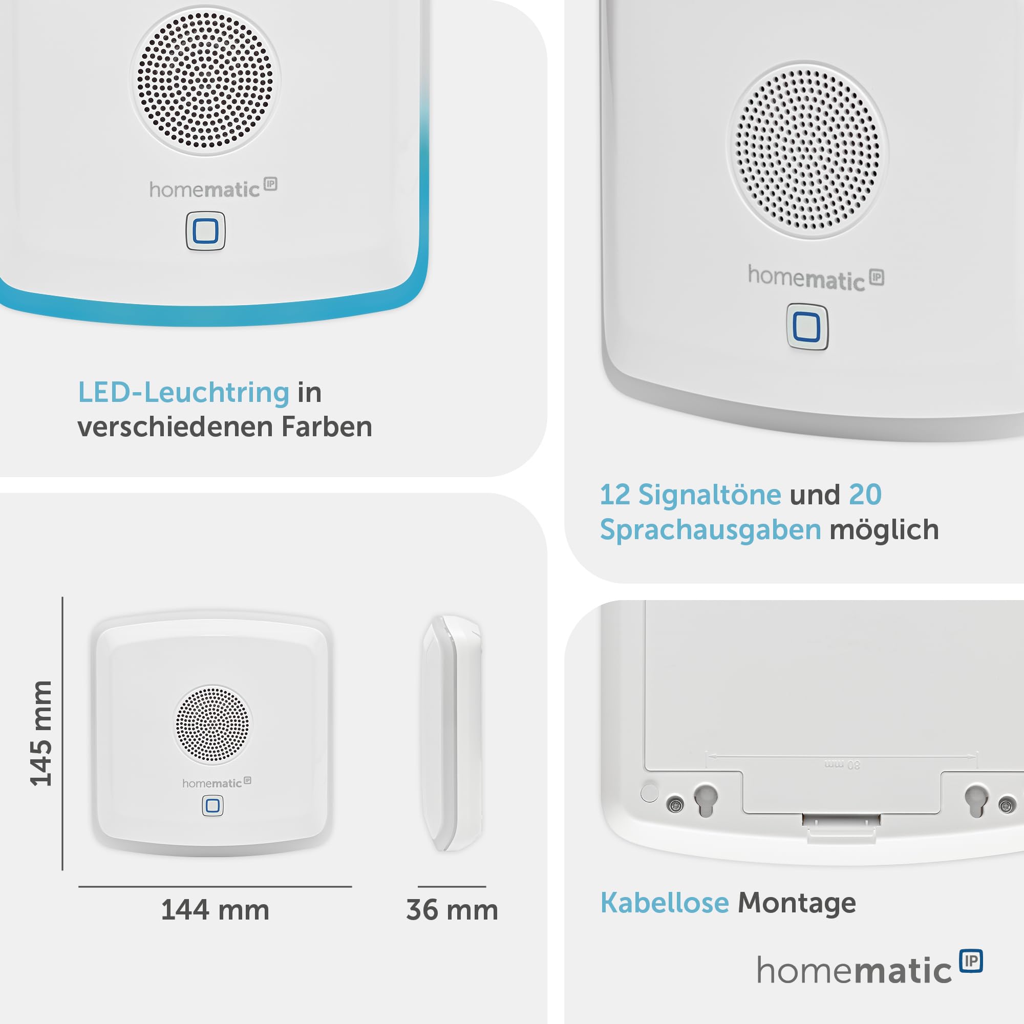 Homematic IP Smart Home Kombisignalgeber, akustisches + optisches Signalisieren, Gong für Türklingel ohne Kabel, Batteriebetrieb, Einstellung per App, Alexa & Google Assistant, 152348A0