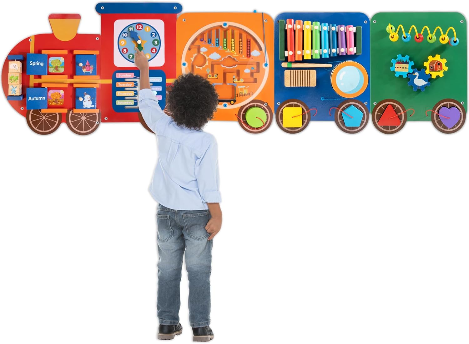 Train Activity Wall Busy Board Panels | 11-in-1 Wooden Sensory Wall Panel for Kids, Toddler Montessori Learning Activity Center, Perfect for Toddler Playroom Nursery Classroom Dentist Waiting Room