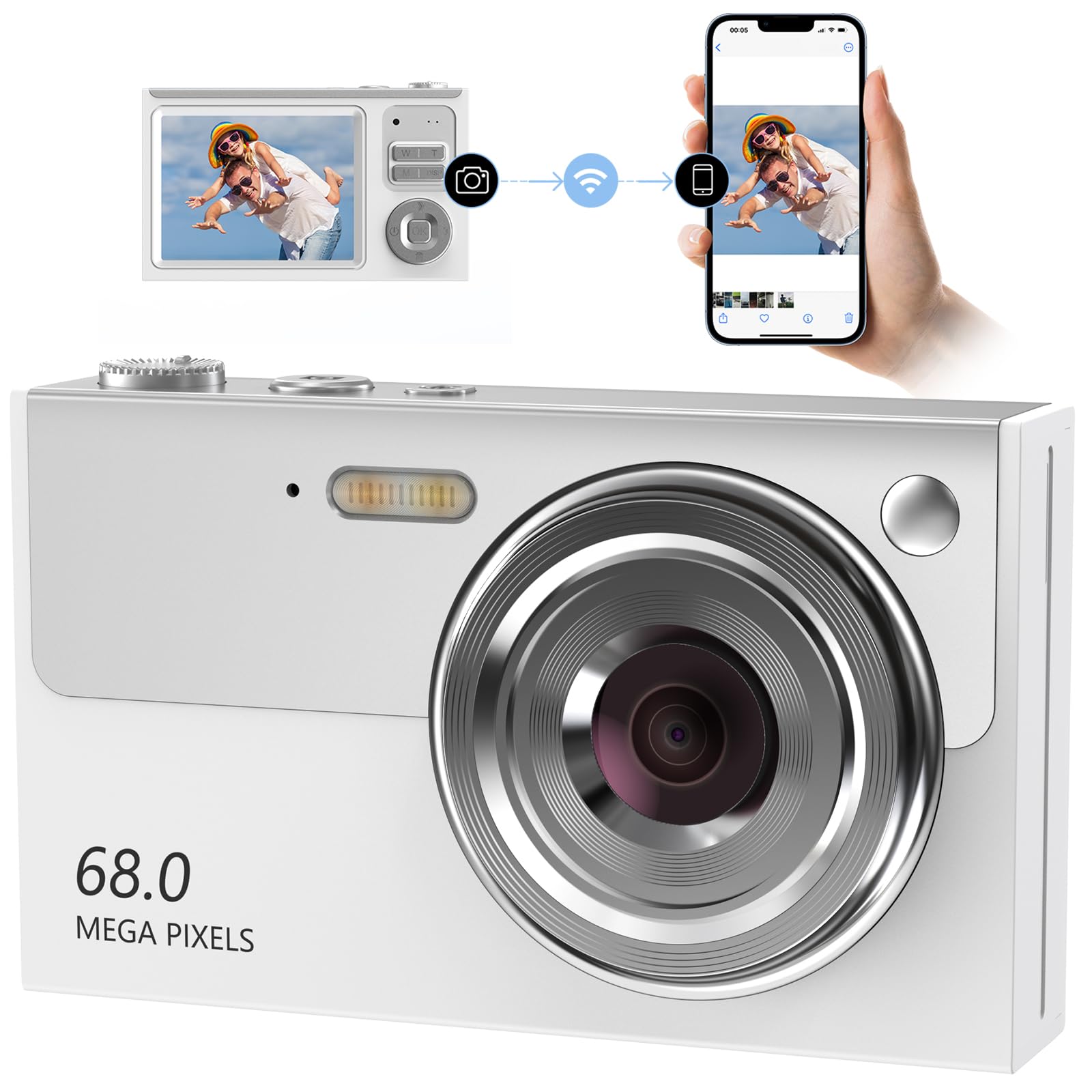 Digital Camera, 68 MP 4K Auto Focus Photo Camera, 16 x Digital Zoom, 2.4 Inch LCD Screen, Compact Camera, Portable Digital Camera with 64GB SD Card for Teens and Adults, Beginners (White