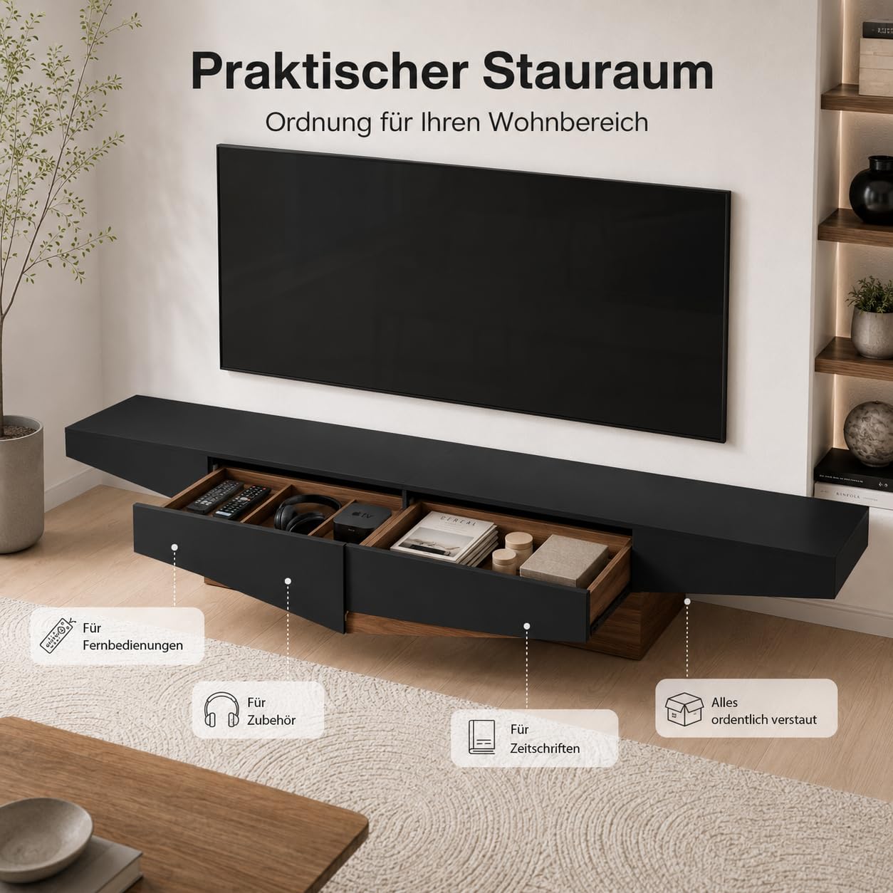 Caldion Modernes TV-Lowboard TV-Schrank mit 2 Schubladen Fernsehtisch mit Tischplatte Fernsehschrank TV-Ständer für Wohnzimmer Schlafzimmer MDF Braun und schwarz 200x40x30cm