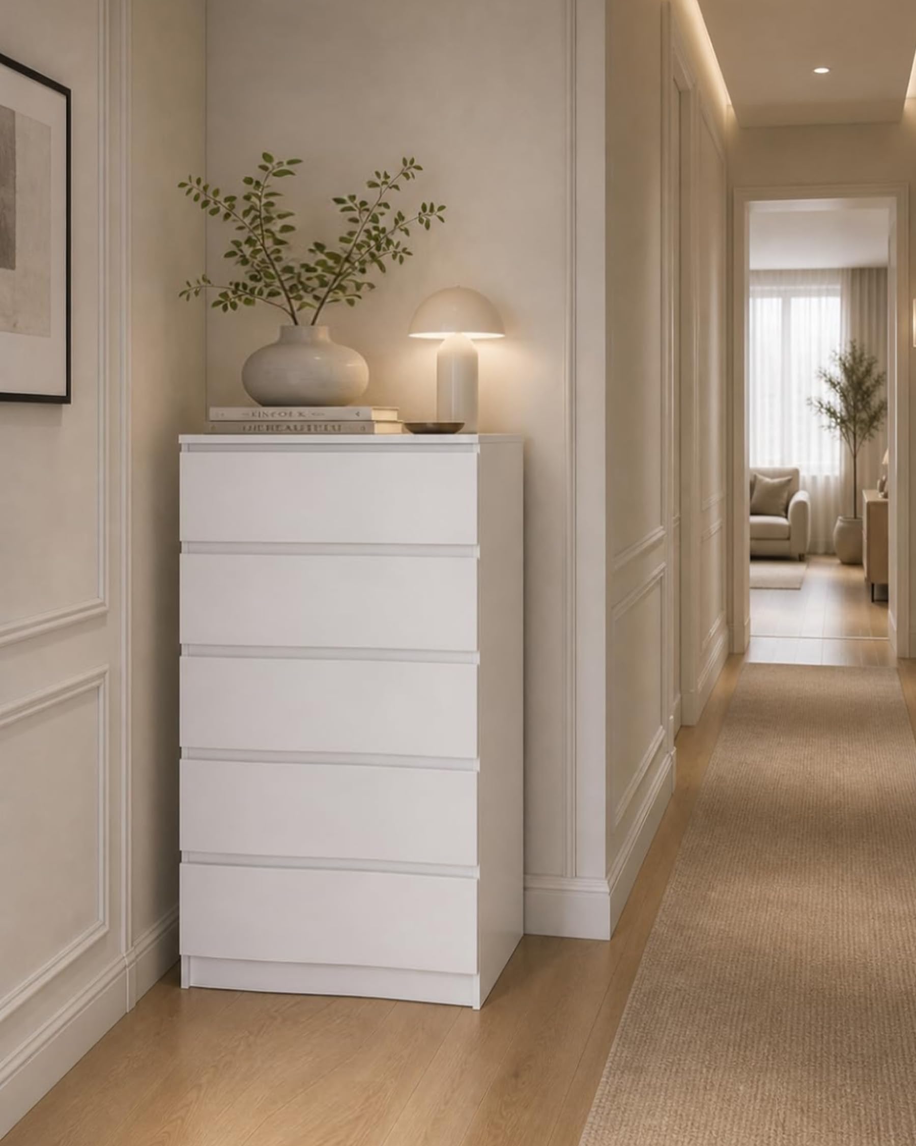 Cómoda Dormitorio 5 Cajones, Cajonera Blanca, Sinfonier Alto y Estrecho, Mueble Auxiliar para Dormitorio, Salón y Pasillo, 60 x 40 x 121 cm
