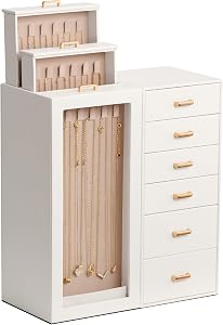 Lolalet Large Jewelry Box Organizer for Women, PU Leather Jewelry Case with Necklace Holder & Multiple Drawers, Tabletop Dresser Storage for Earrings Rings Chains, Gift for Girls -M, Beige