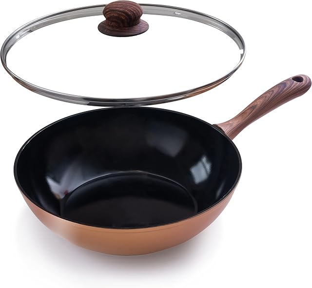 Non Stick Induction Wok Pan  Deep Stir Fry Pan with Glass Lid  28 cm Frying Pan  by Nuovva
