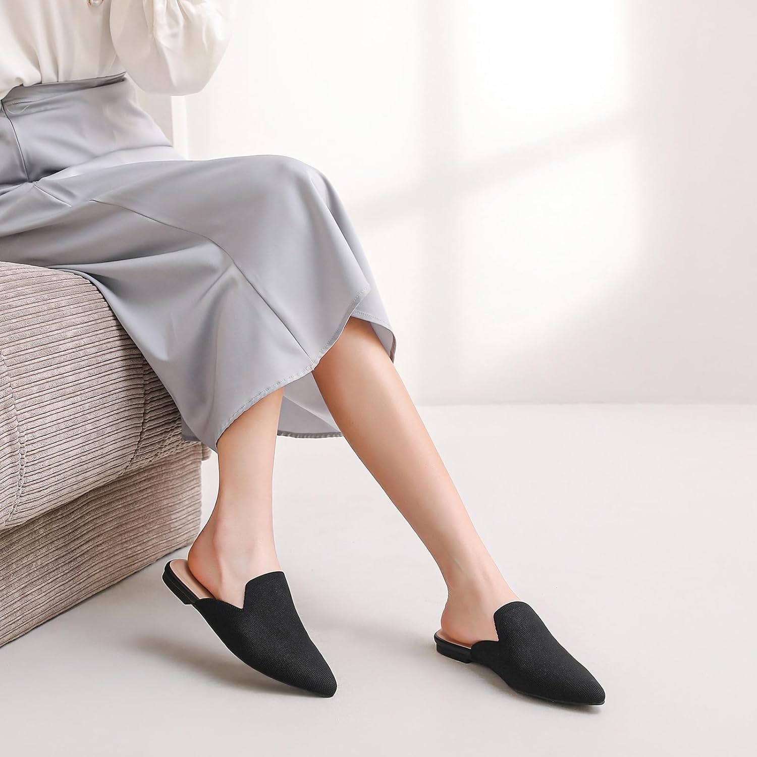 Tilocow Knit Mules for Women Flats Pointed Toe Mesh Ballet Flat Womens Slip On Slides Walking Shoes
