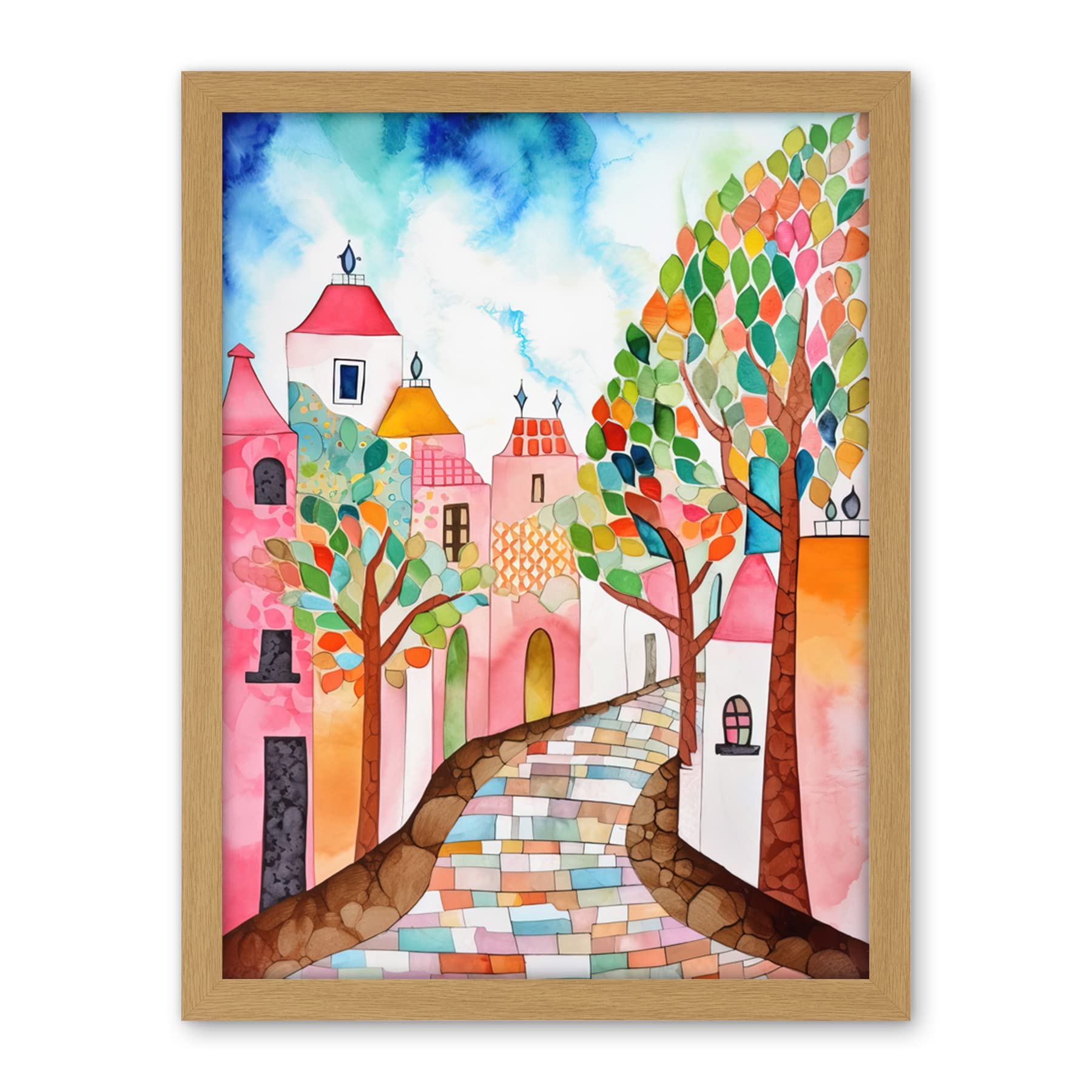 Artery8 Cobblestone Street In Spring Folk Art Artwork Framed Wall Art Print 18X24 Inch